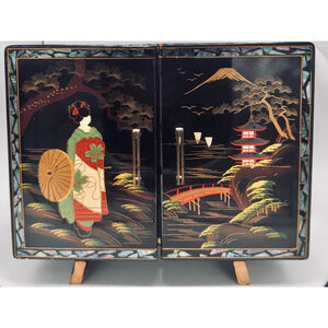 Vintage 1950s Japanese Lacquer Jewelry Cabinet with Spinning Geisha Music Box